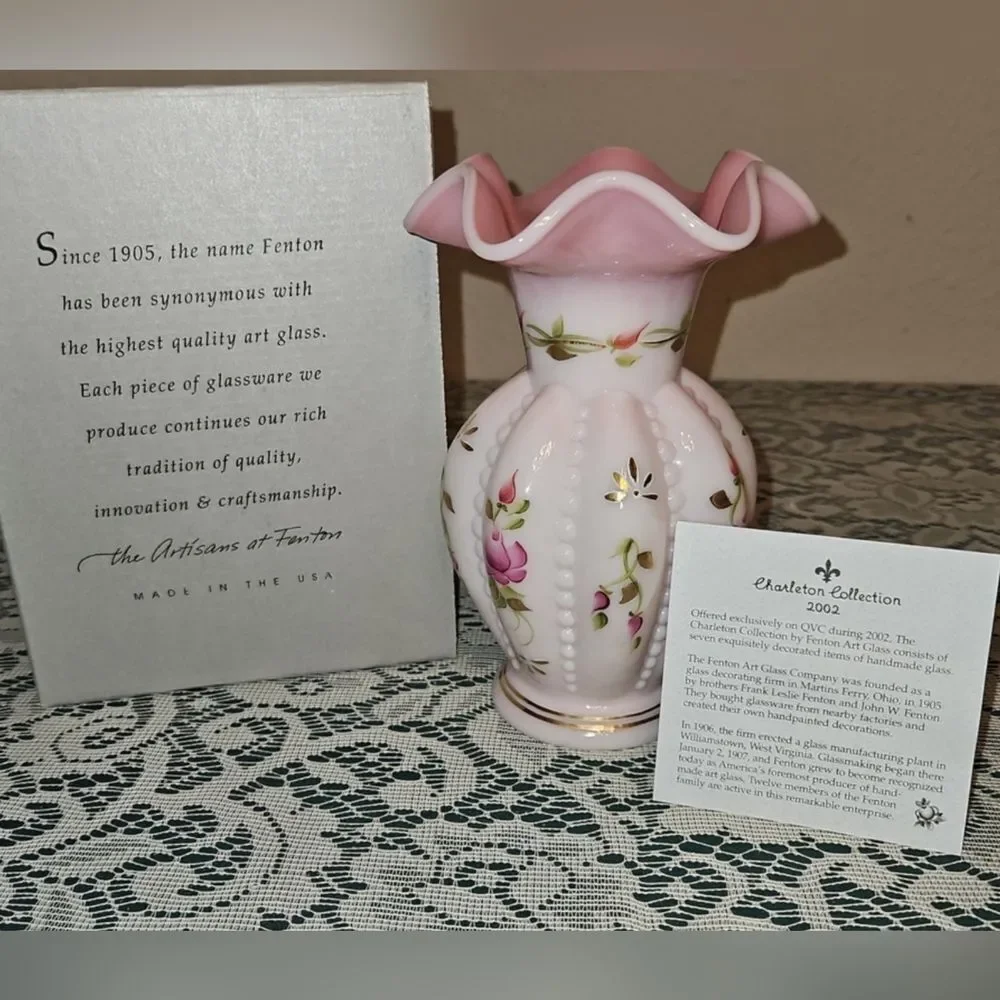 Fenton Rosalene Charleton Collection Hand Painted Beaded Melon Vase